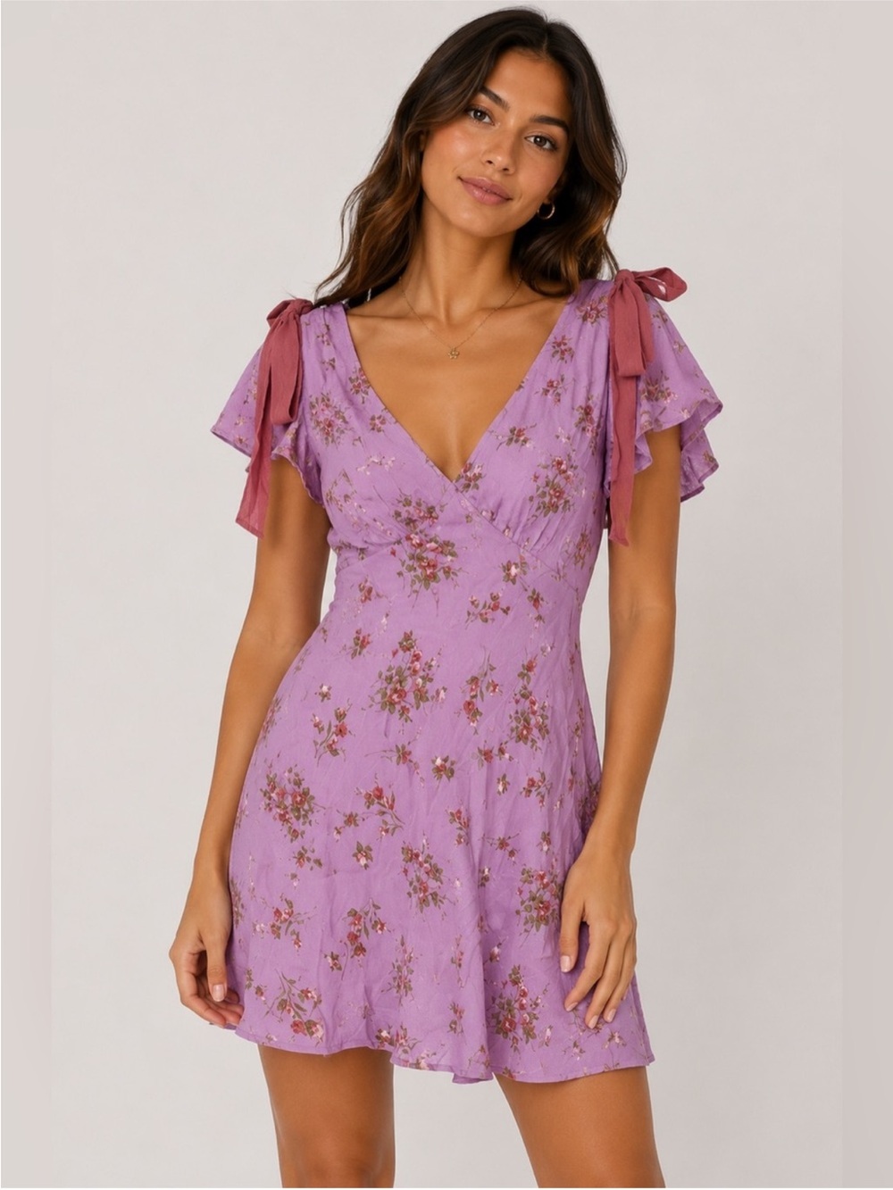 wild fable Lilac Floral V‑Neck Mini Dress with Rose Tie-Straps